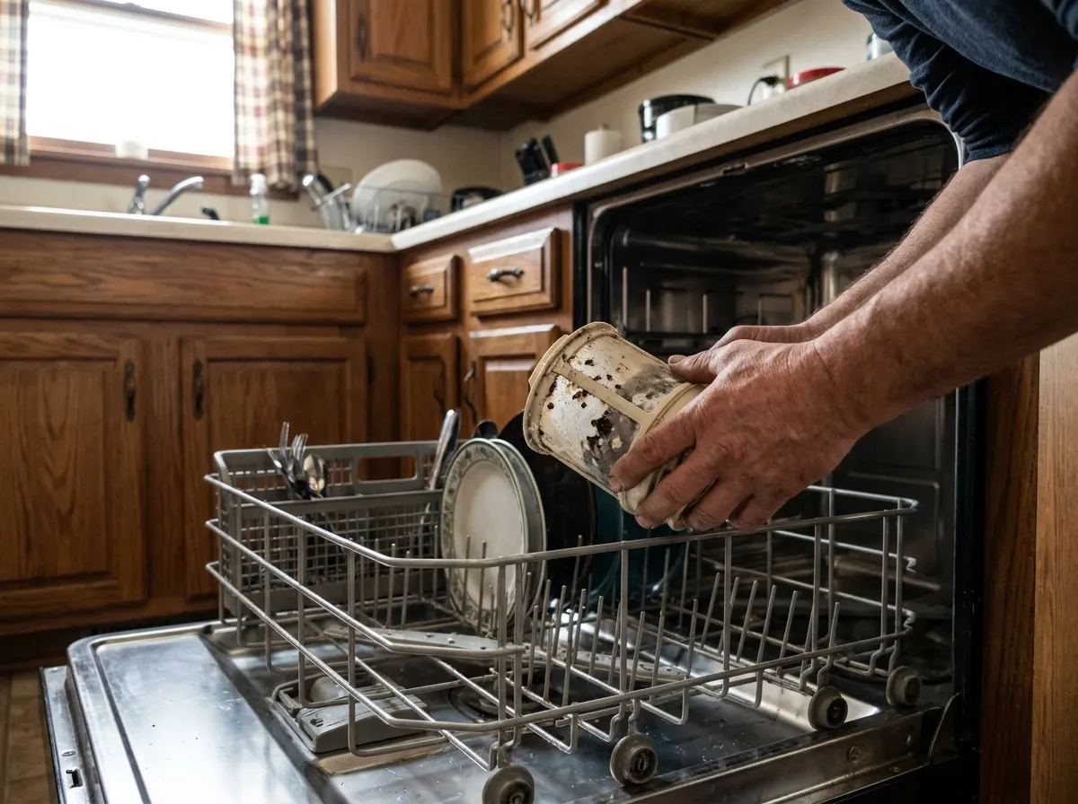 Hands lifting a scaled, food-flecked filter out of an open dishwasher with the lower rack pulled out