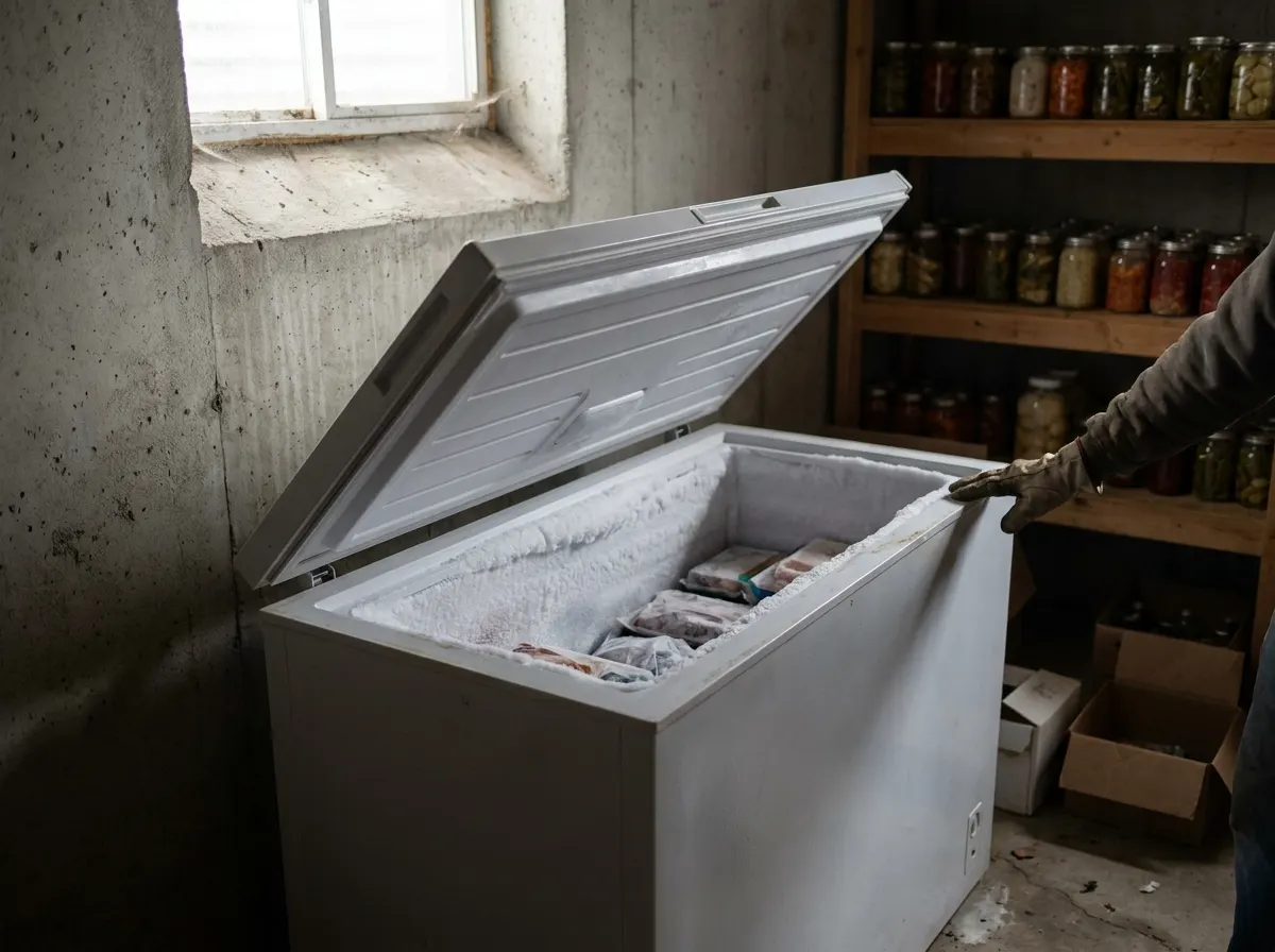 Open white chest freezer with frost on the walls in an unfinished basement beside shelves of canning jars