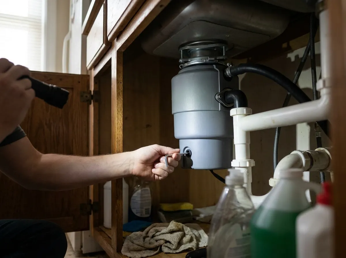 Hand fitting a hex wrench into the bottom of a garbage disposal under a kitchen sink lit by a flashlight