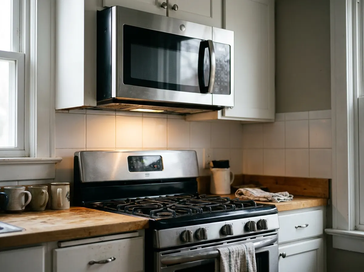 Stainless over-the-range microwave with its cooktop light on above a gas range