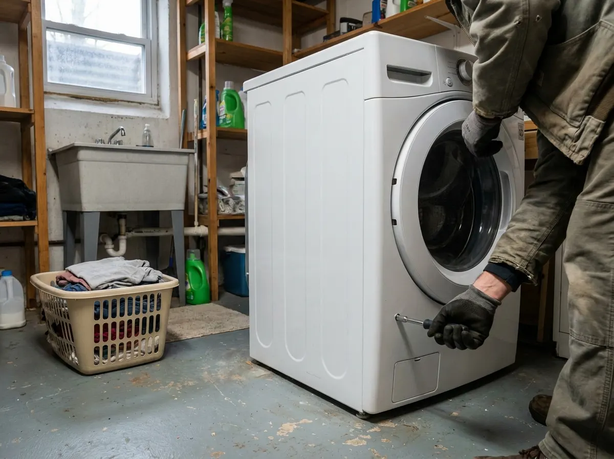 Technician removing the lower access panel of a white front-load washer in a basement laundry area